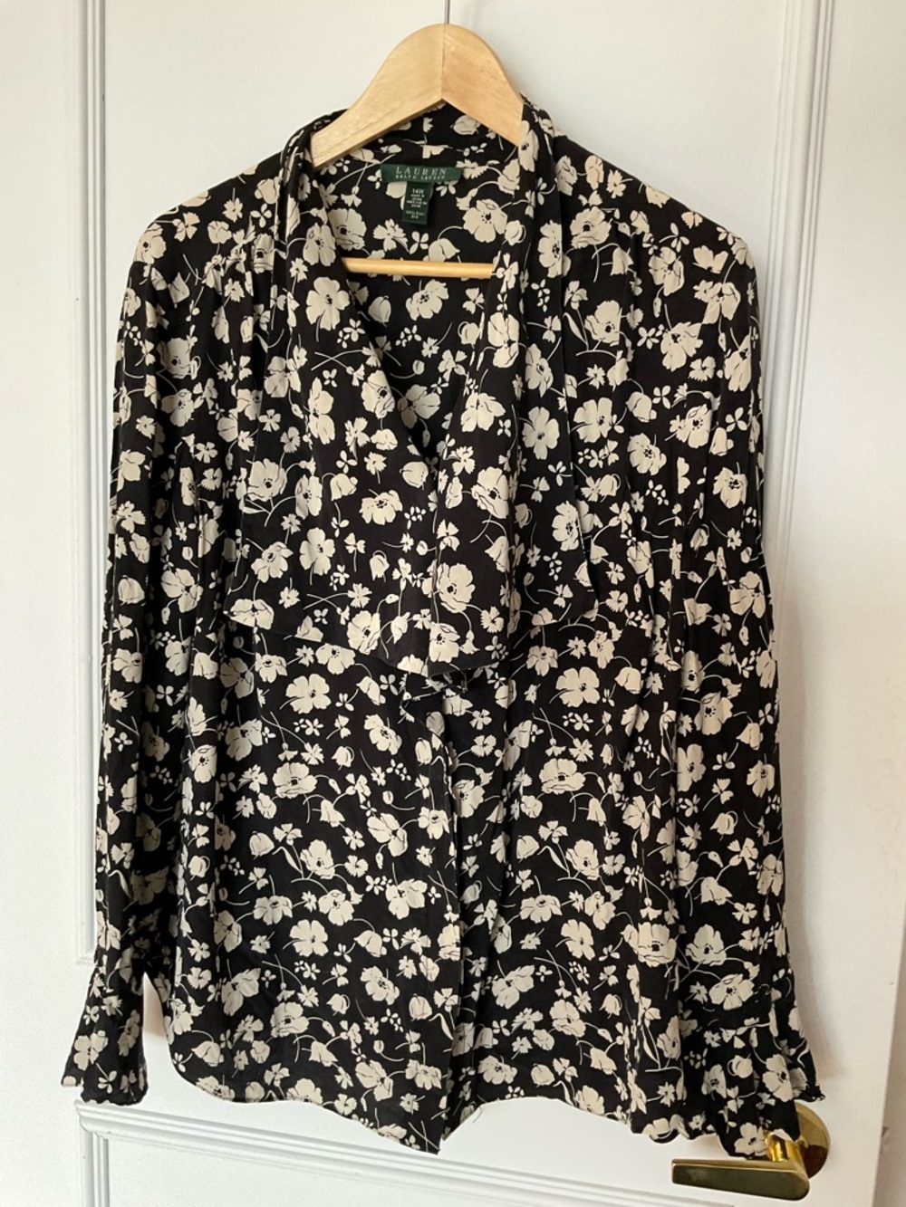 Ralph Lauren Black Floral Tie-Neck Blouse Size 14